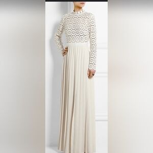 Self-Portrait Pleated Croch Elegant Cream Lace Maxi Dress Sz 6